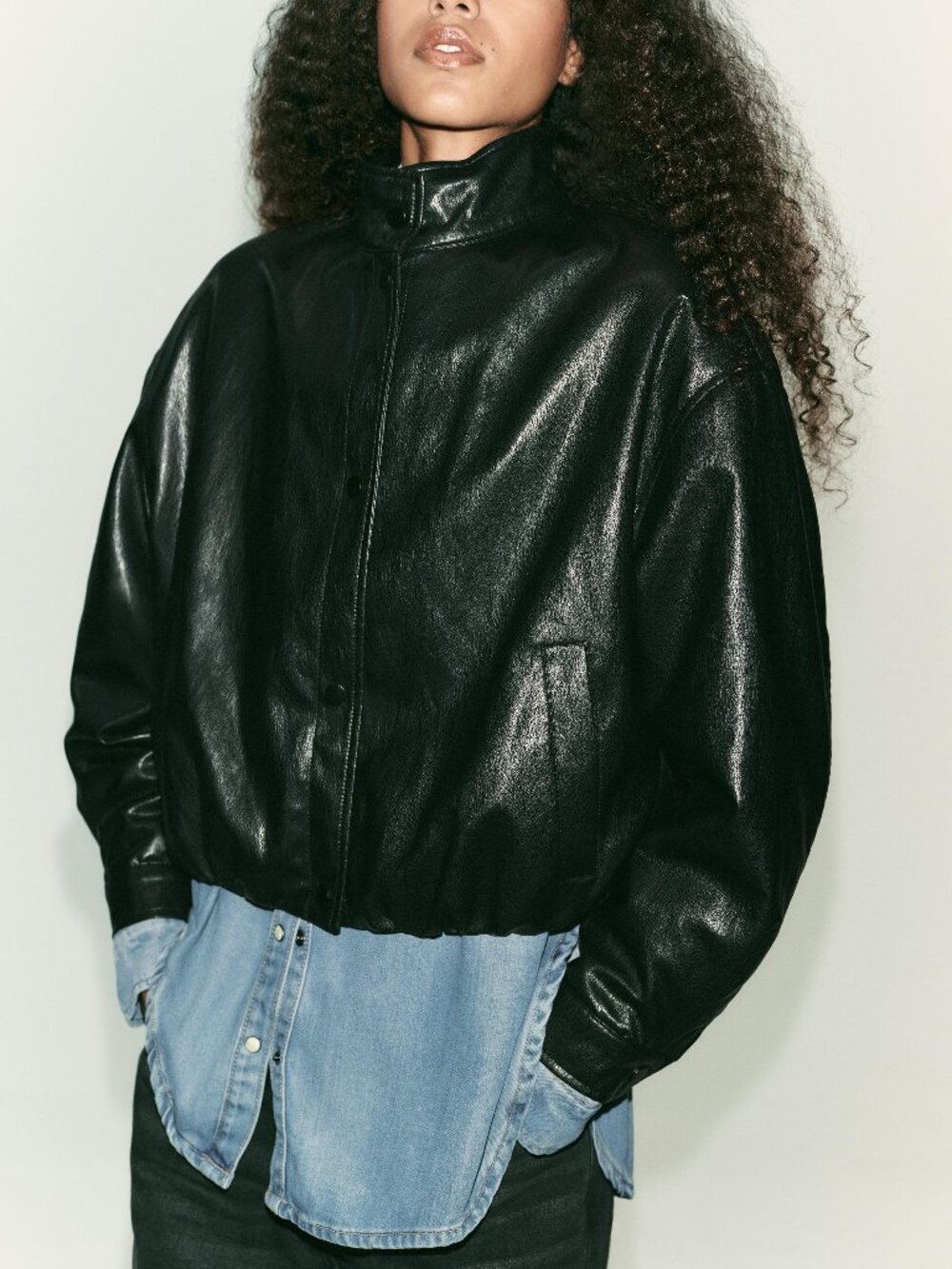 Zara High Collar Faux Leather Bomber Jacket - Black Size M
